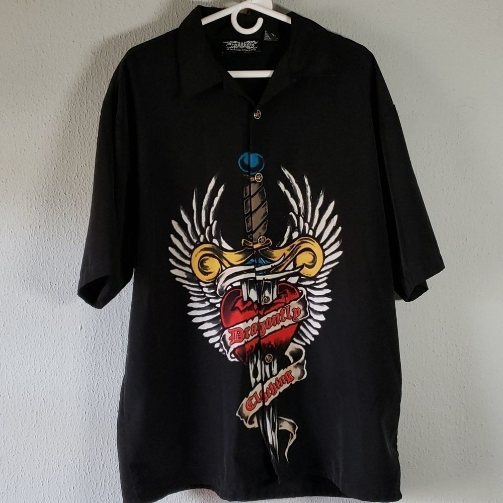 Dragonfly Men’s 90's Button Down Bowling Shirt Heart with Knife Sword Wings XL